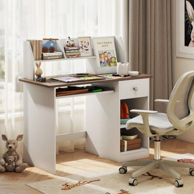 Secretária para crianças com bandeja para teclado, gaveta e estante multifuncional (CADEIRA NÃO INCLUIDA) Carvalho+Branco