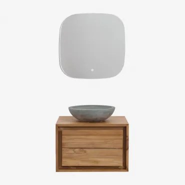 Conjunto De Móveis De Banheiro Em Madeira De Teca Jabari Madeira De Teca & Cimento Cinzento Redondo Ø40 Cm Tarsis & Quadrado Led - Sklum