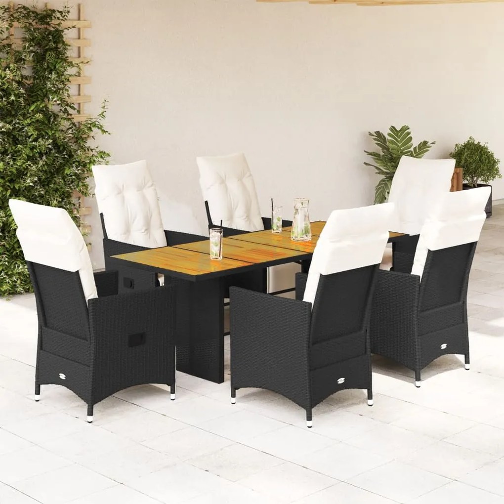 7 pcs conjunto de jantar p/ jardim c/ almofadões vime PE preto