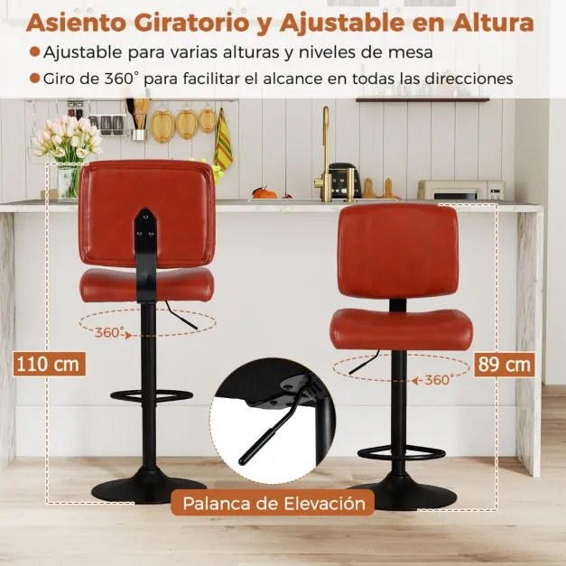Conjunto de 2 bancos giratórios de bar com altura ajustável, assento em PU acolchoado e apoio para os pés para sala de jantar, ilha de cozinha ou pub,