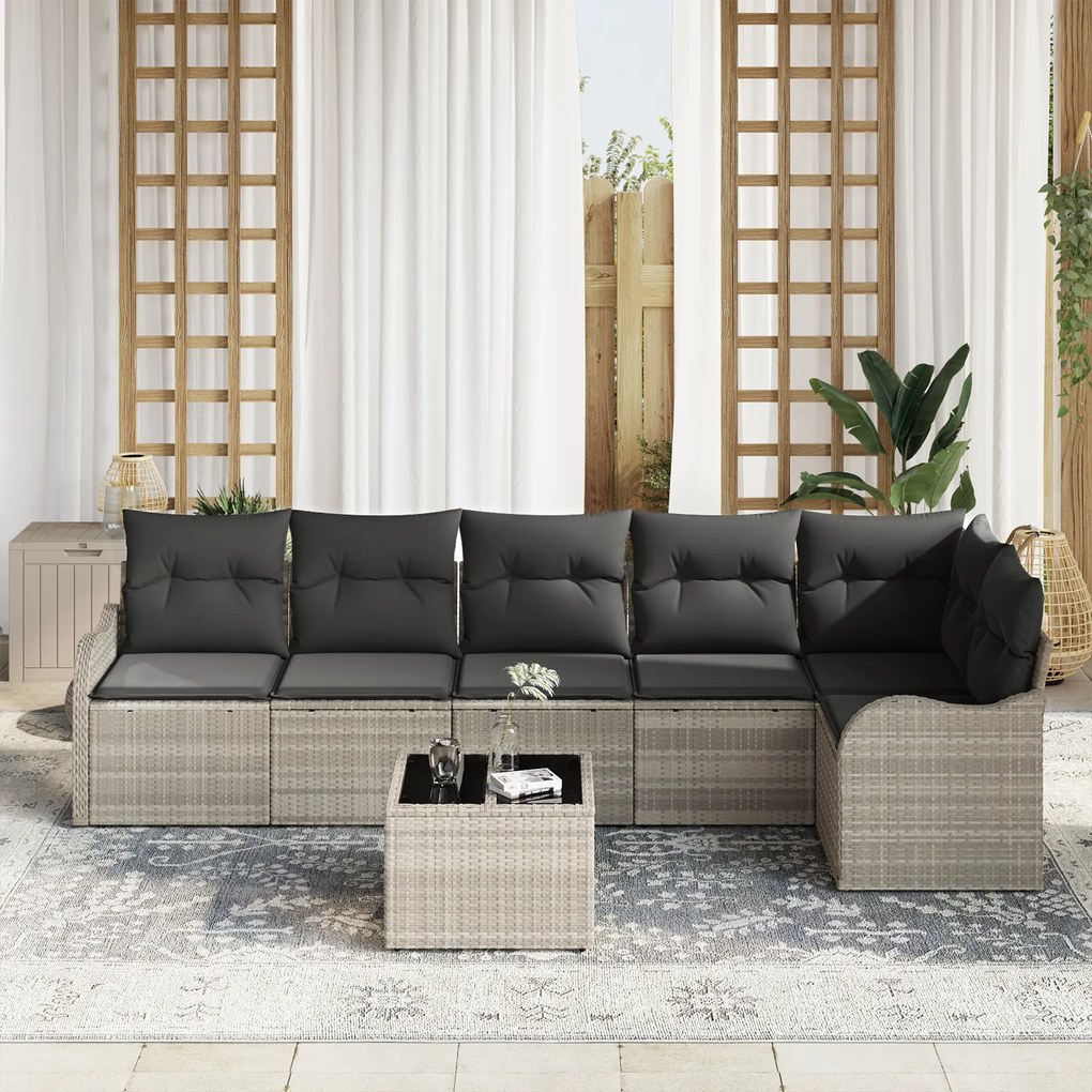 Conjunto de Sofás de Jardim com 7 Peças com Almofadas Cinza Rattan Pol