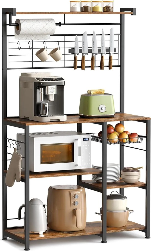 Prateleira de cozinha VASAGLE KKS026B01, prateleira vertical, bancada, ilha de cozinha com fita magnética para facas, cesto de arame, porta-rolos de cozinha, 12 ganchos, marrom/preto vintage