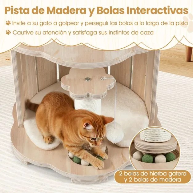 Arranhador para gatos de madeira 50 x 73 cm com 3 níveis, cápsula espacial, postes para arranhar, brinquedo e tapete lavável para interior, 74 cm, car