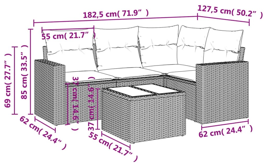 5 pcs conjunto sofás de jardim c/ almofadões vime PE cinzento