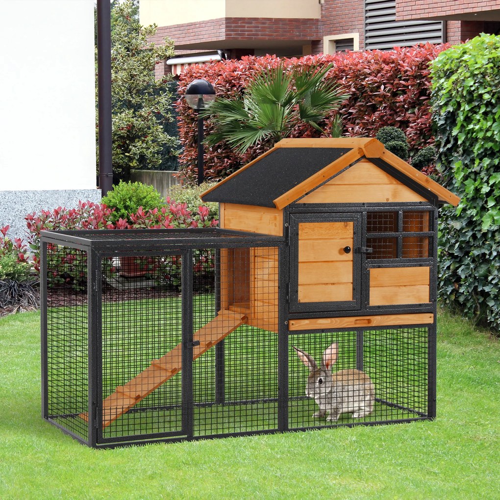 Coelheira para pequenos animais de estimação de 2 níveis com rampa e bandeja removível 122x63x92 cm madeira e cinza