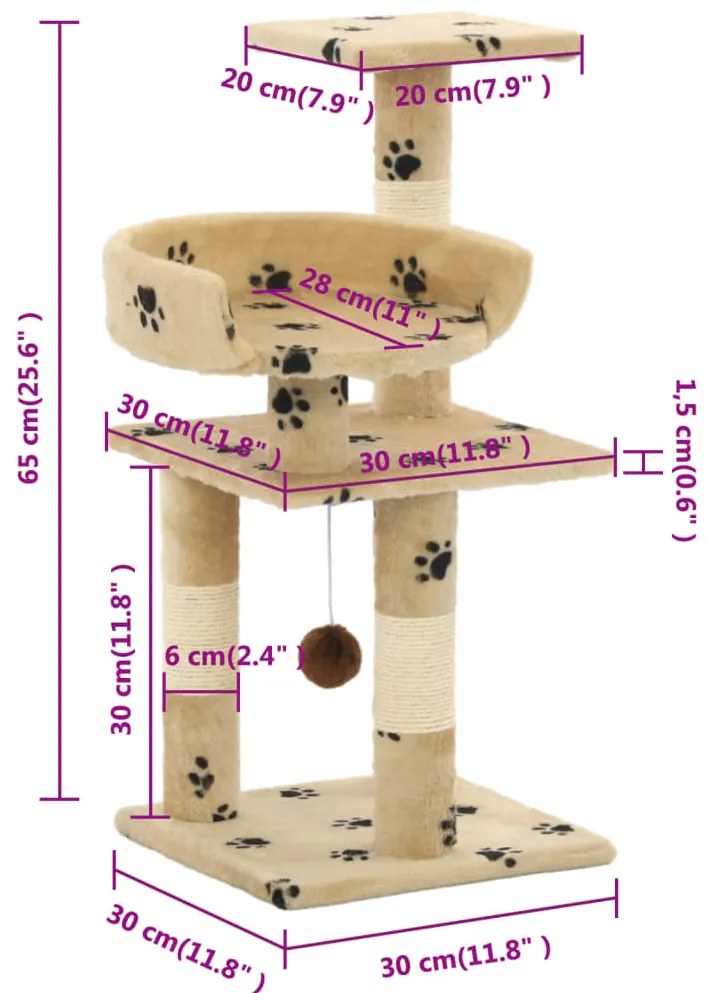 Árvore para gatos c/ postes arranhadores sisal 65 cm bege