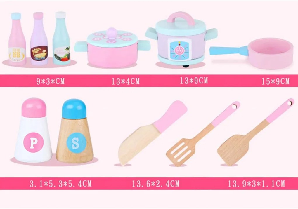 Cozinha de brincar de madeira rosa com frigorifico