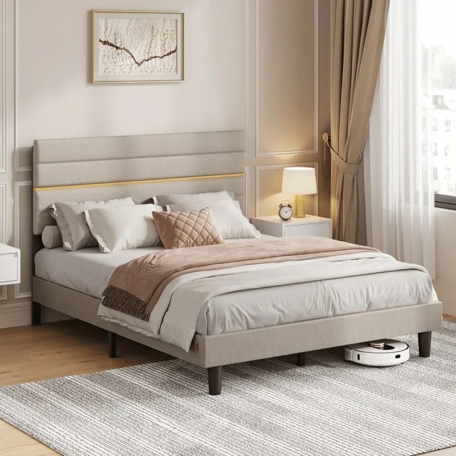 Estrutura de cama de casal moderna 140 x 200 cm (COLCHAO NÃO INCLUIDO) com cabeceira estofada para quarto Cappuccino bege