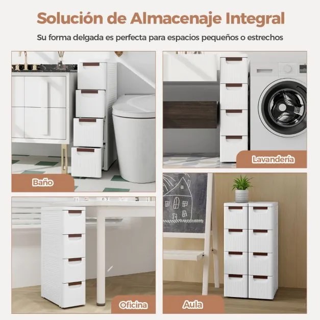 Armário de arrumação estreito de 4 gavetas para espaços pequenos com rodas Contentor de arrumação em plástico para casa de banho, escritório, sala de