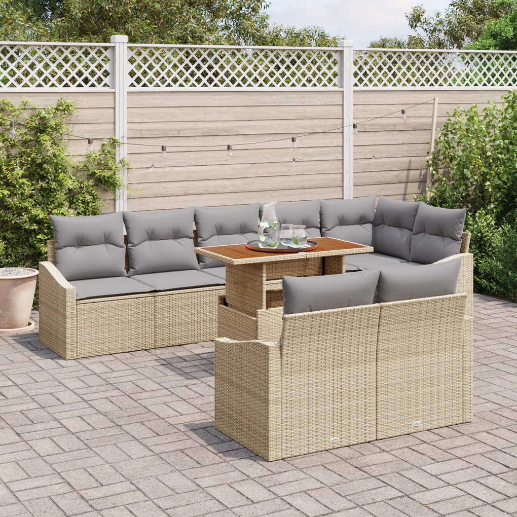 Conjunto de Sofá de Jardim de 9 Peças com Almofadas Bege Rattan Poliés