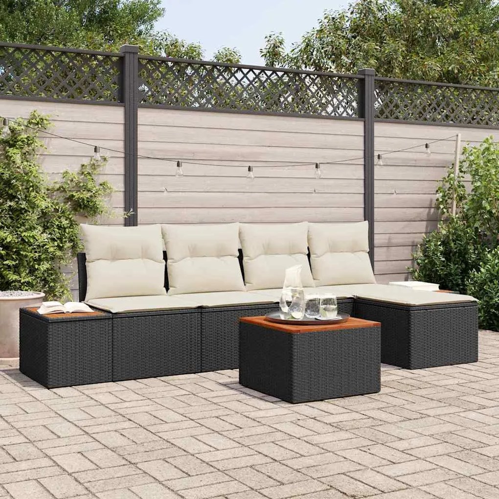 vidaXL Conjunto de Sofá de Jardim 6 pcs Preto e Creme Polirattan