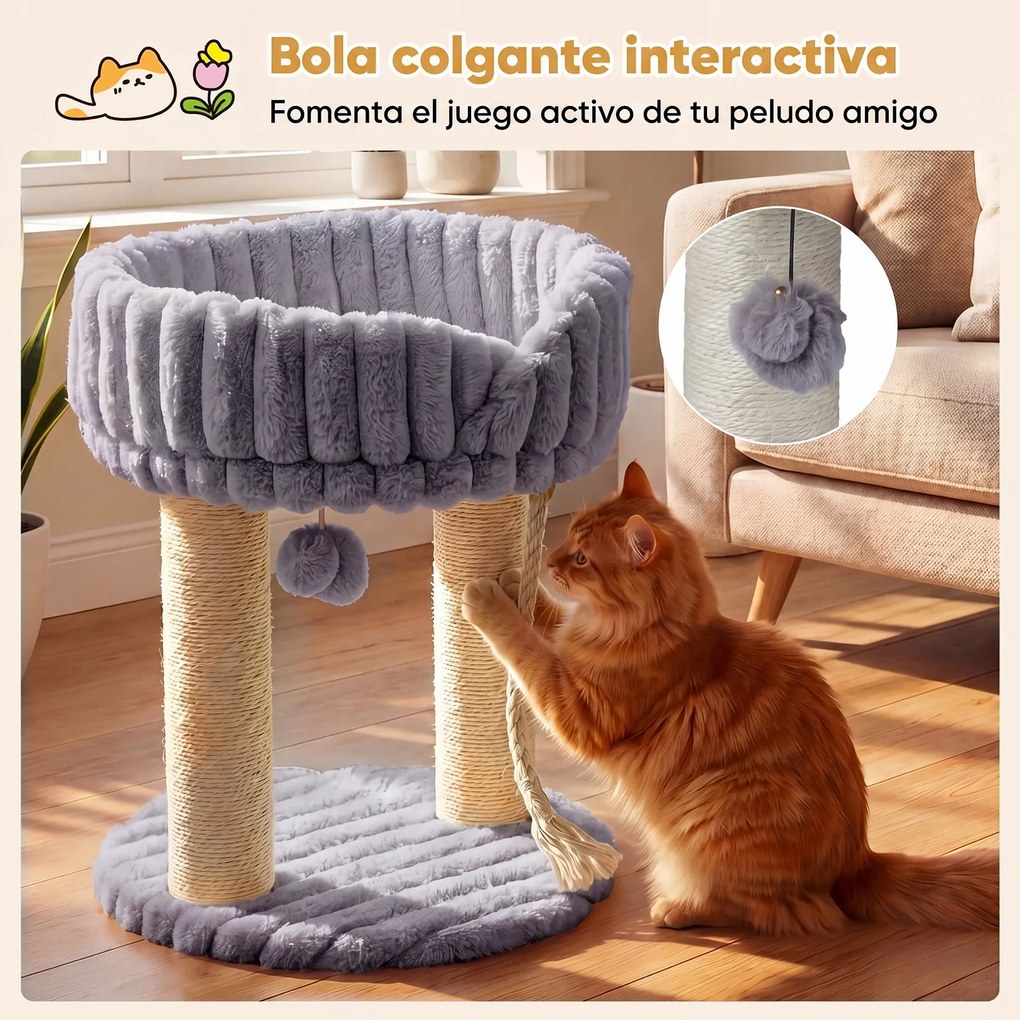 Árvore para Gatos Pequena, 40 x 40 x 50,5 cm, Plataforma Superior de Pelúcia, Cinzento