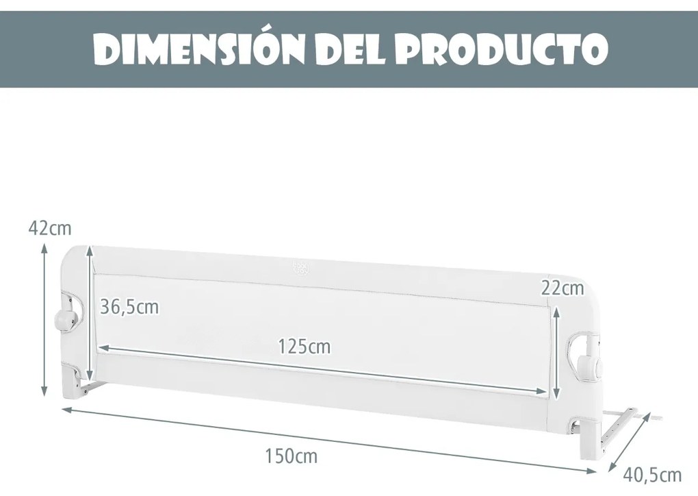 Barra proteção cama bebés Grade lateral dobrável de algodão com manga de tecido removível e lavável 150 x 40,5 x 42 cm Branca