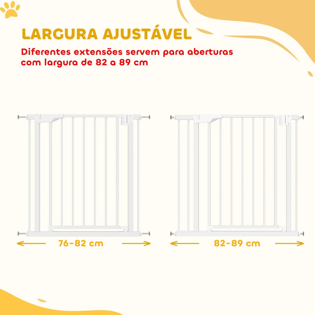 Barreira de Segurança para Crianças e Cães Largura 76-89 cm Bloqueio Duplo Fecho Automático Abertura em Dois Sentidos e Extensão de 7 cm Branco