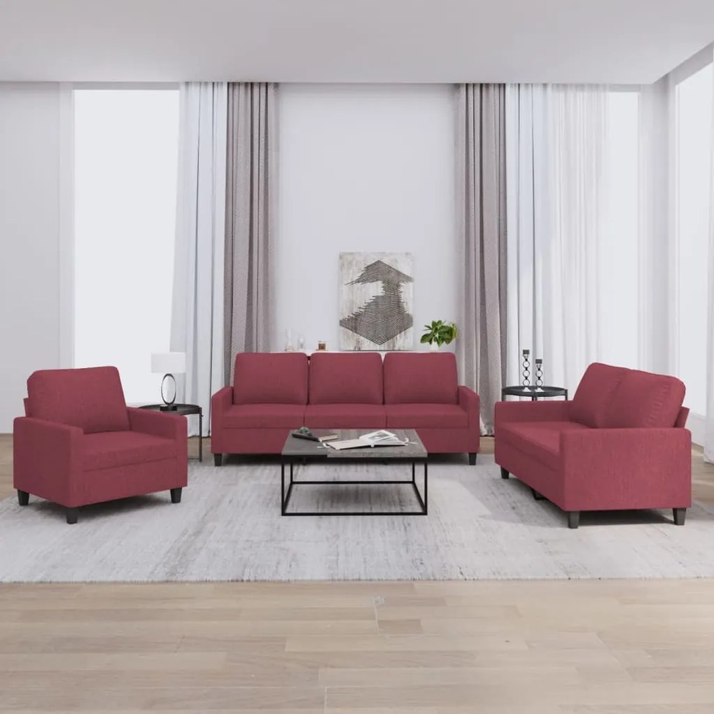 vidaXL 3 pcs conjunto de sofás com almofadões tecido vermelho tinto