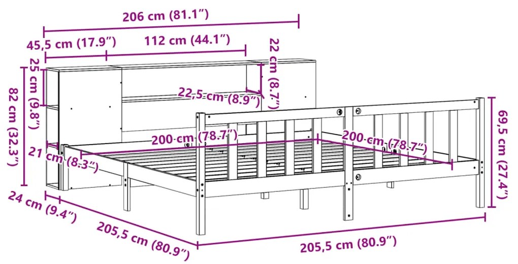 Cama com estante sem colchão 200x200 cm pinho maciço