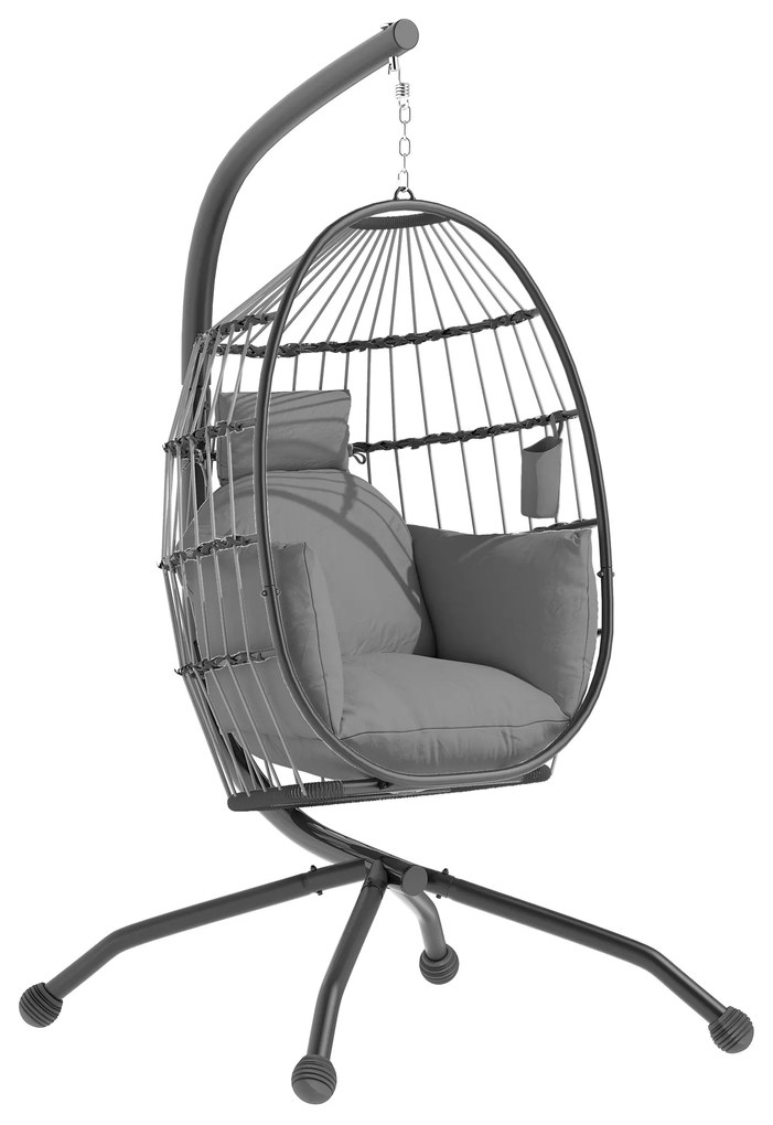Outsunny Cadeira Suspensa com Suporte Cadeira Baloiço de Jardim com Cesto Dobrável Almofada e Apoio para a Cabeça 120x88x192 cm Cinzento | Aosom Portugal