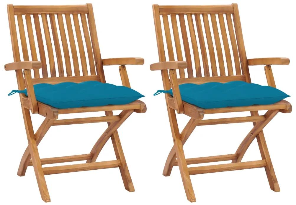3062425 vidaXL Cadeiras de jardim c/ almofadões azul-claro 2 pcs teca maciça