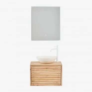 Conjunto De Móveis De Banheiro De Madeira Suspensos Deleyna Madeira Natural & Cimento Redondo Branco Ø40 Cm Zavion & Led - Sklum