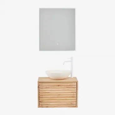 Conjunto De Móvel De Casa De Banho Suspenso 60x45 Cm Em Madeira Deleyna Madeira Natural & Cimento Redondo Branco Ø40 Cm Zavion & Led - Sklum