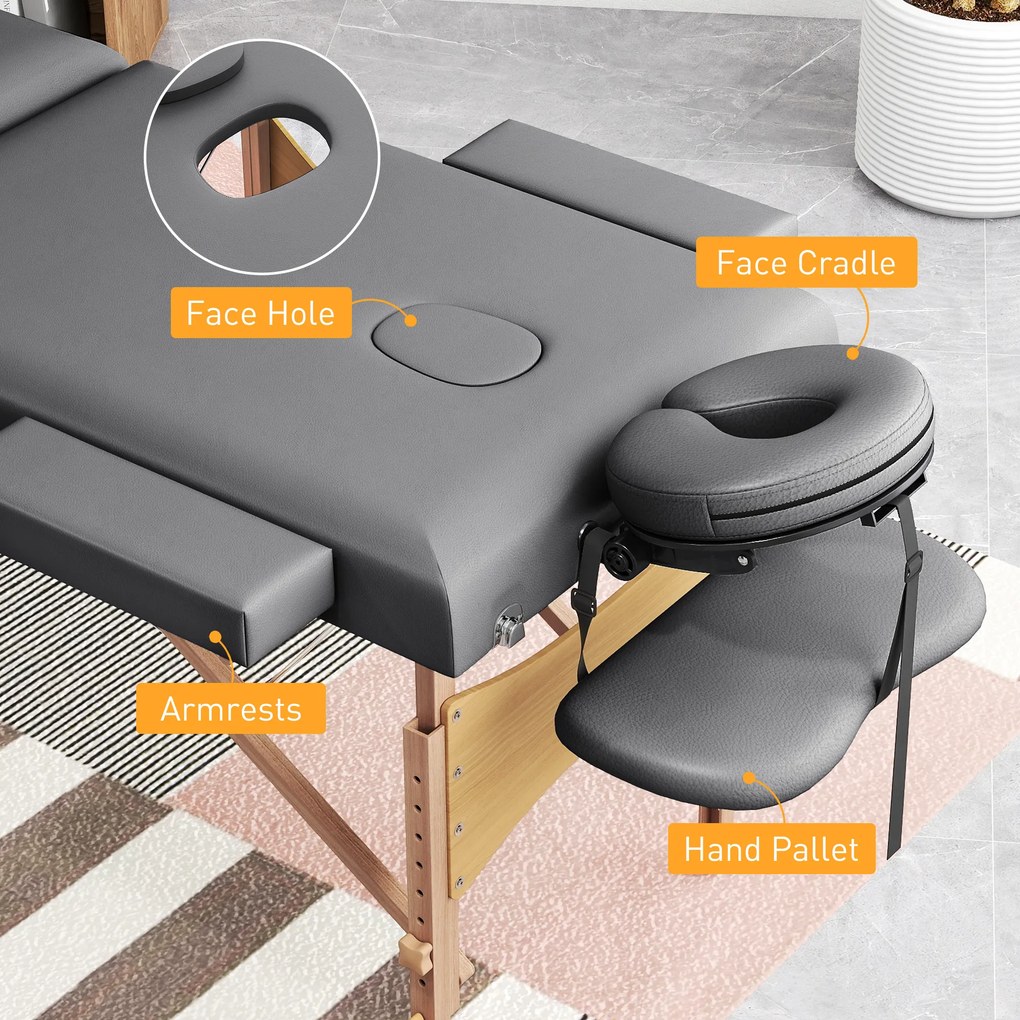 Marquesa de Massagem Dobrável Portátil com Altura Ajustável Apoio de Cabeça Apoios de Braço Acolchoados 215x60x64-89 cm Cinza