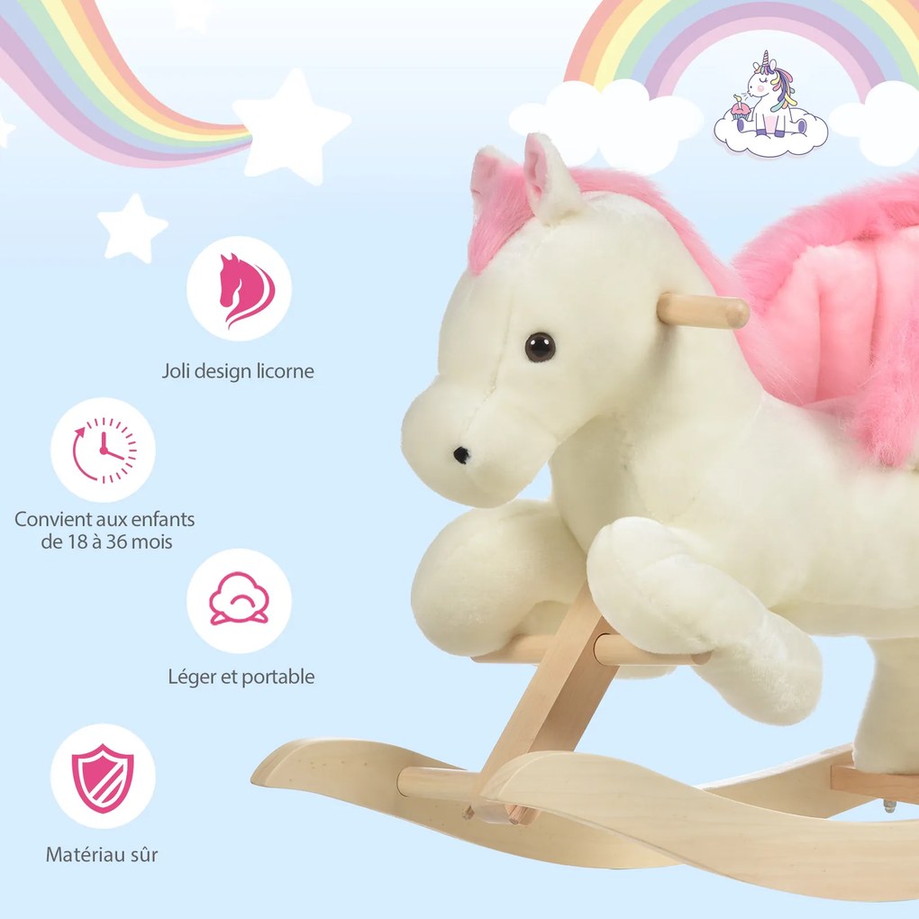 Cavalo de baloiço com função musical, sela de grande conforto, pelúcia curta e macia para crianças dos 18 aos 36 meses, em madeira de álamo, branco e