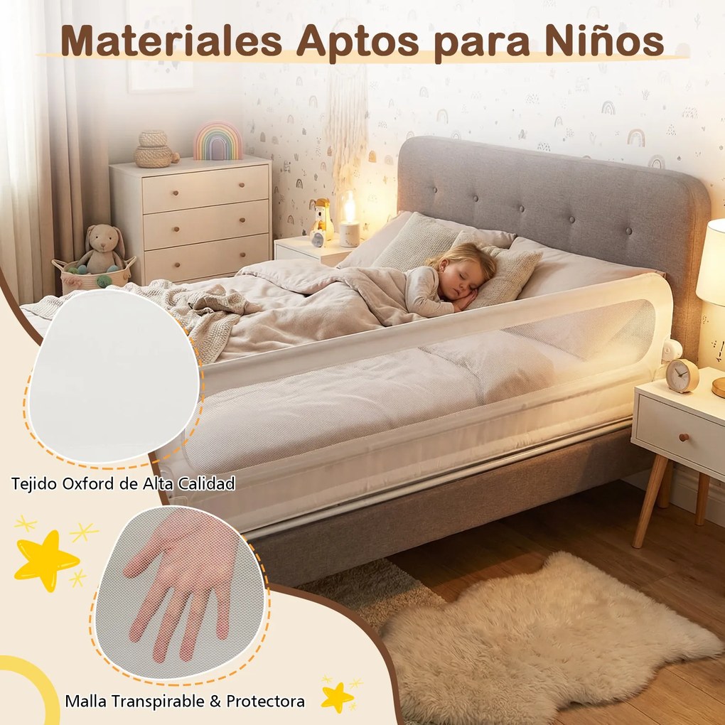 Conjunto 2 Barreiras segurança bebés dobrável para cama 178 / 198 x 36 x 60 cm com altura ajustável, capa removível em tecido Oxford, base em U e corr