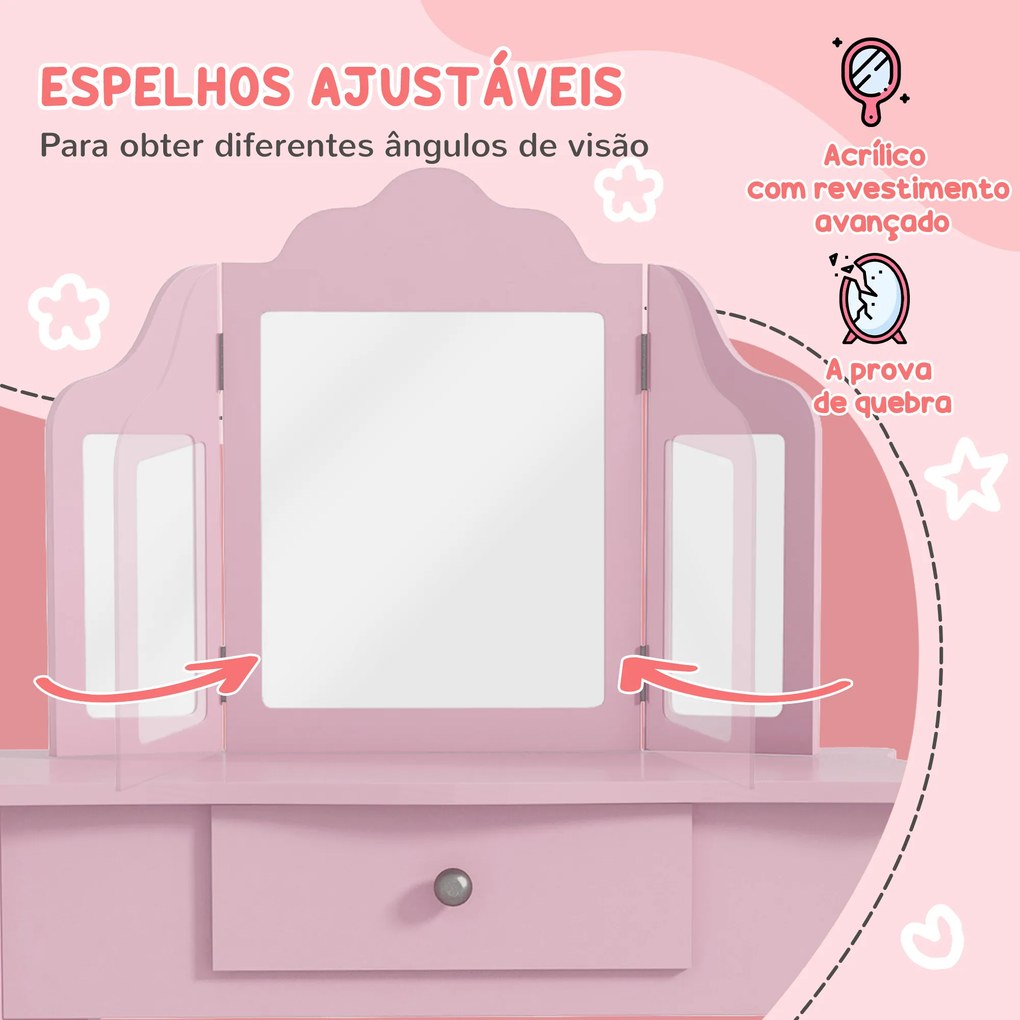 Toucador Infantil de Madeira com Banco e Espelho de Acrílico de 2 Seções Mesa de Maquilhagem Infantil 63x40x85,5 cm Rosa