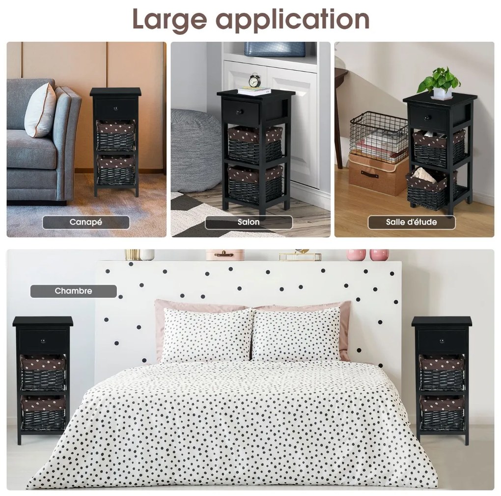 Mesa de cabeceira Morden de madeira com 2 gavetas de vime e rattan