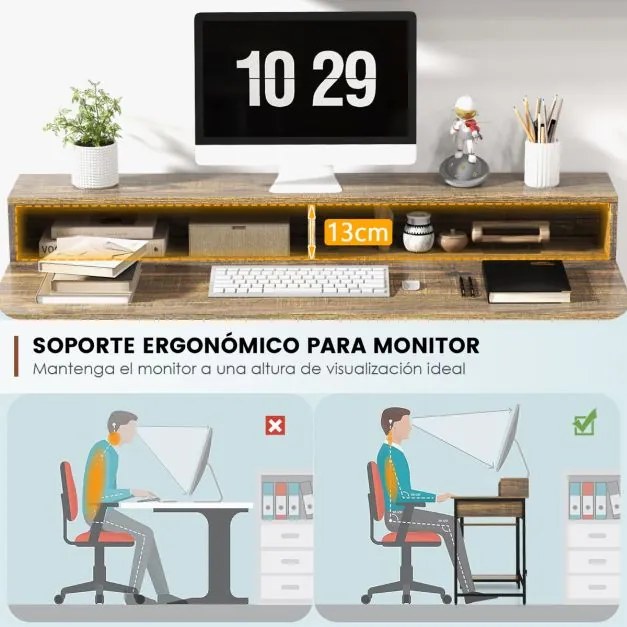 Secretária de computador com suporte para monitor Mesa de estudo com gaveta 2 Estantes abertas para escritório em casa 120 x 56 x 90,5 cm Castanho