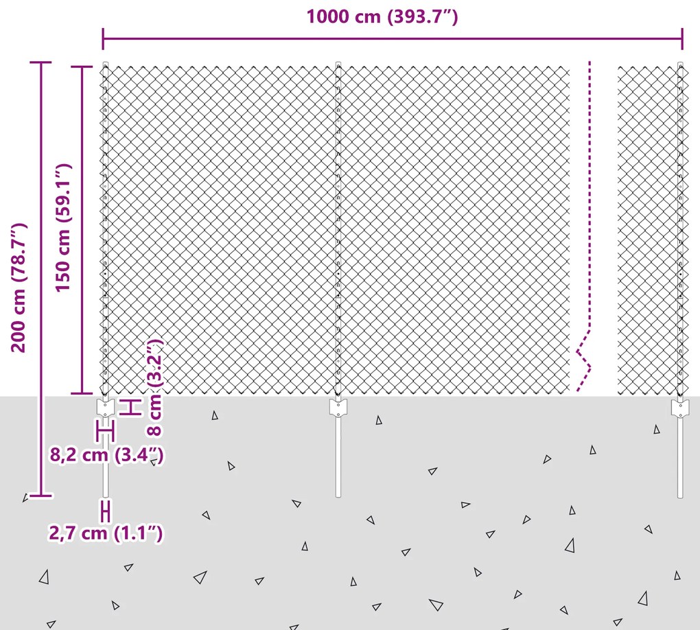 Cerca de Cadeia de Ligação com 20 Postes Cinza 1,5x10 m Aço