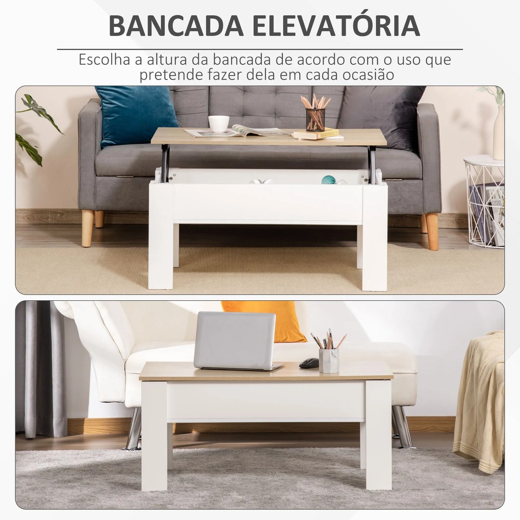 Mesa de Centro com Bancada Elevatória Compartimento Aberto e Oculto 100x50x45-58,5 cm Branco e Madeira