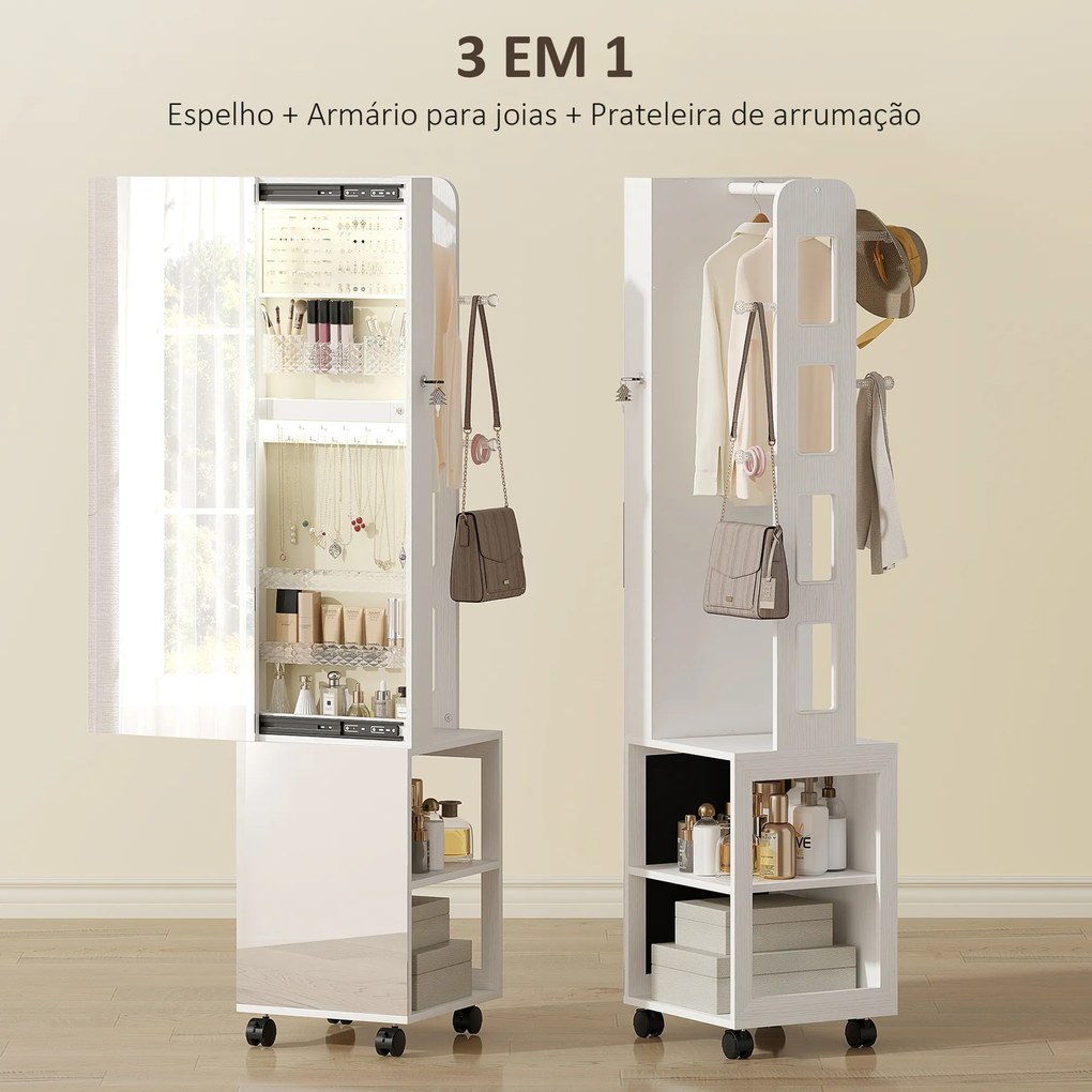 Espelho com Arrumação para Joias Luzes LED Armário para Joias com Rotação de 360° e Fecho com Chave 37x40x165,5 cm Branco
