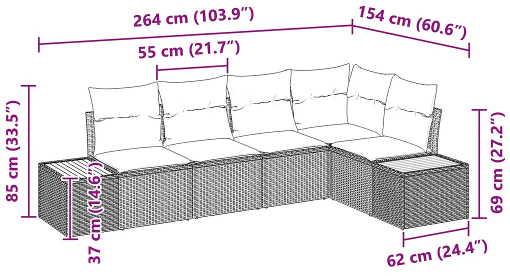 Conjunto de Sofá de Jardim de 5 Peças com Almofadas Pretas de Rattan P