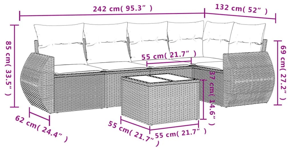 6 pcs conjunto sofás de jardim c/ almofadões vime PE preto