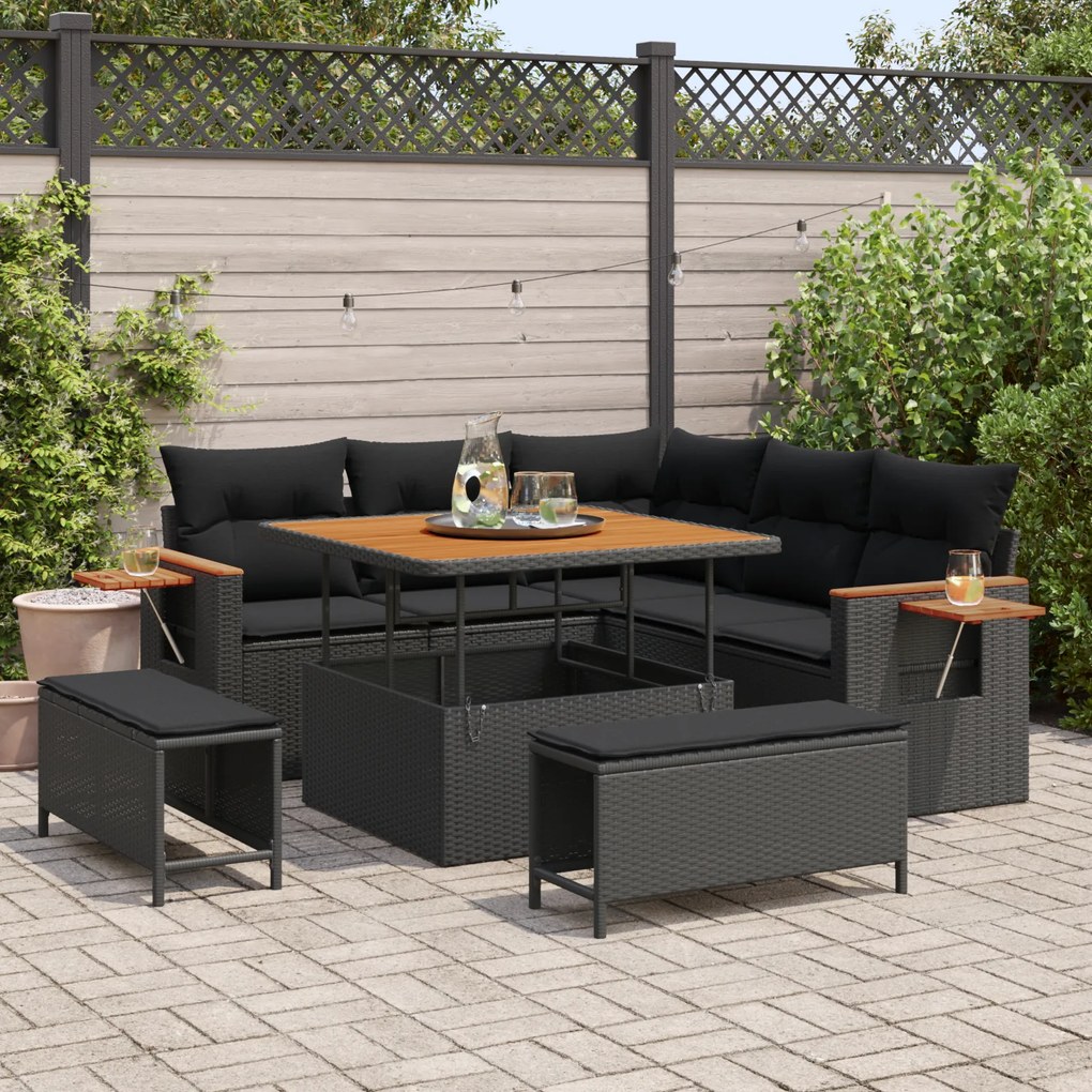 Conjunto de Sofás de Jardim 8 Peças com Almofadas Preto Rattan Poliéster Acácia