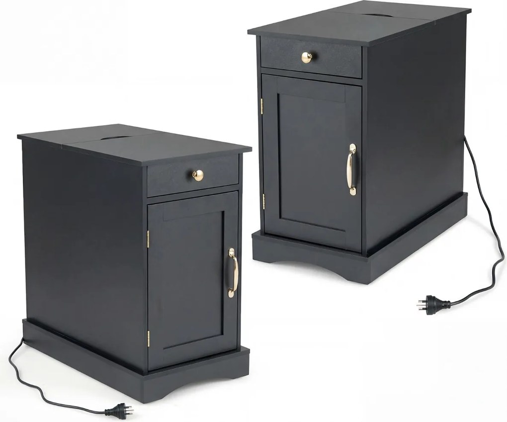 Conjunto de 2 mesas de cabeceira, mesa apoio 35 x 60 x 62 cm com estação de carregamento com gaveta Pretas