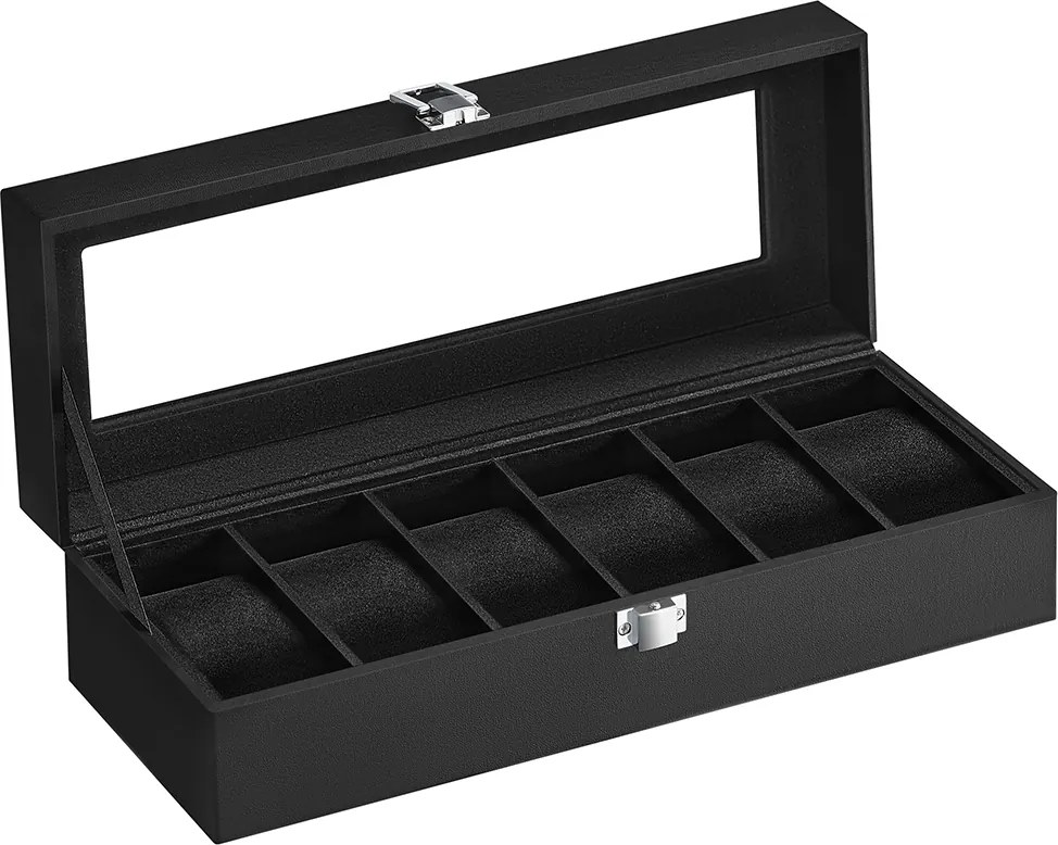 Caixa para 6 relógios 11,2 x 30 x 8 cm revestimento em PU preto, forro em veludo preto