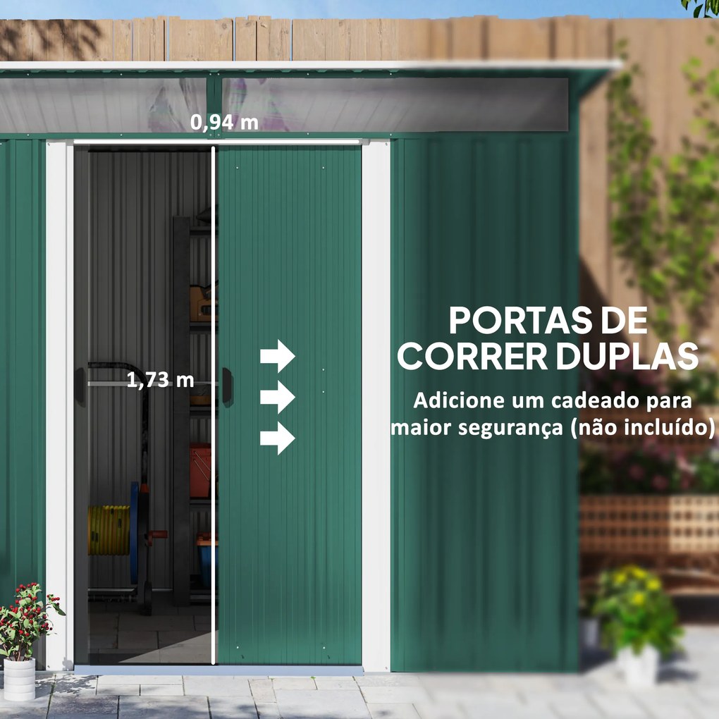 Abrigo de Jardim 4,5 m² 260x194x200 cm Abrigo Exterior Metálico com 2 Portas Deslizantes para Armazenamento de Ferramentas Verde