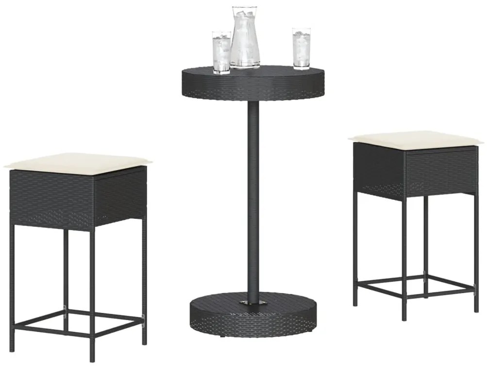3 pcs conjunto de bar para jardim c/ almofadões vime PE preto