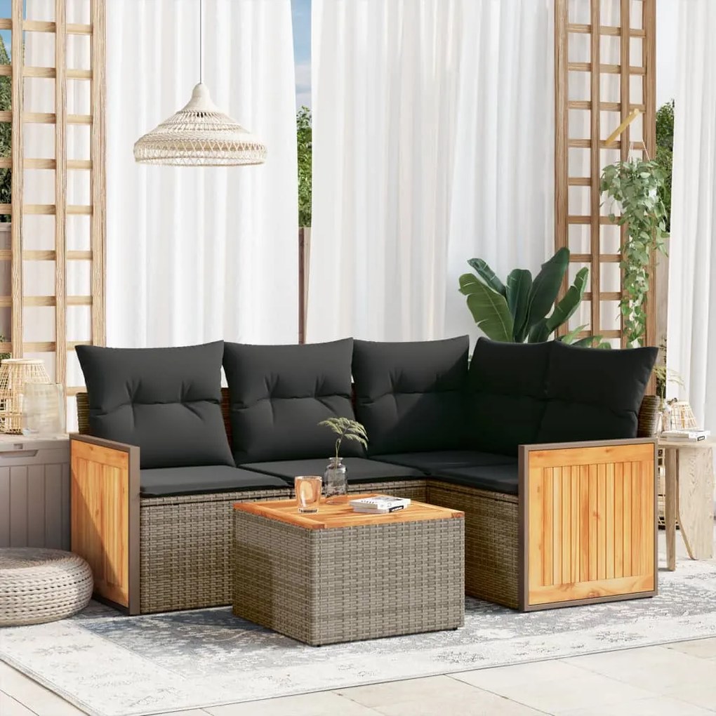 5 pcs conjunto sofás de jardim c/ almofadões vime PE cinzento