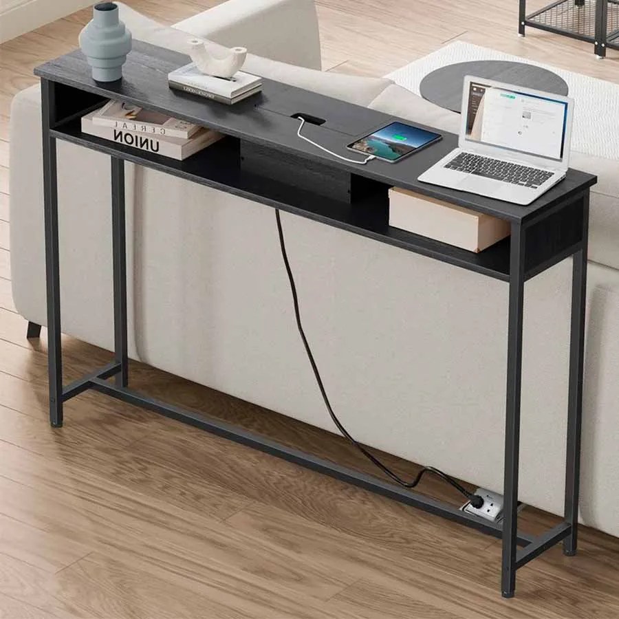 Mesa consola com 2 tomadas e 2 portas USB 25 x 120 x 81,1 cm Preto antracite e cinzento
