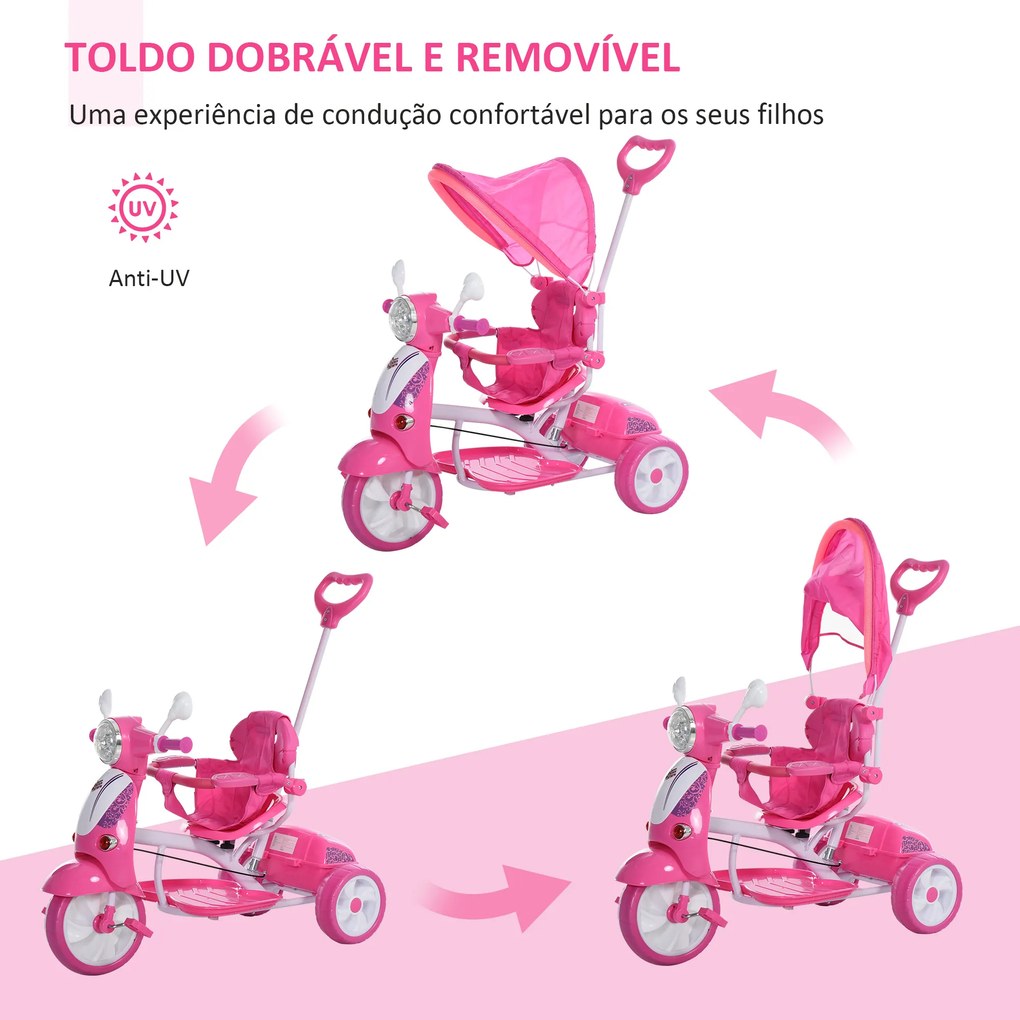 HOMCOM Triciclo para crianças acima de 3 anos Triciclo evolutivo dobrável com funções de luz e música Toldo Forma DE Motocicleta 102x48x96 cm Rosa
