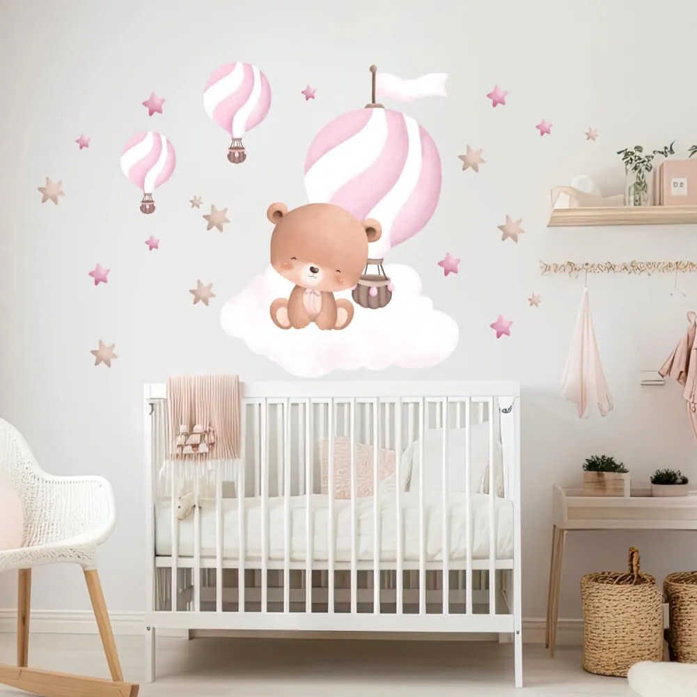 Papel de parede para quarto de criança - Ursinho com balões (cor-de-rosa)