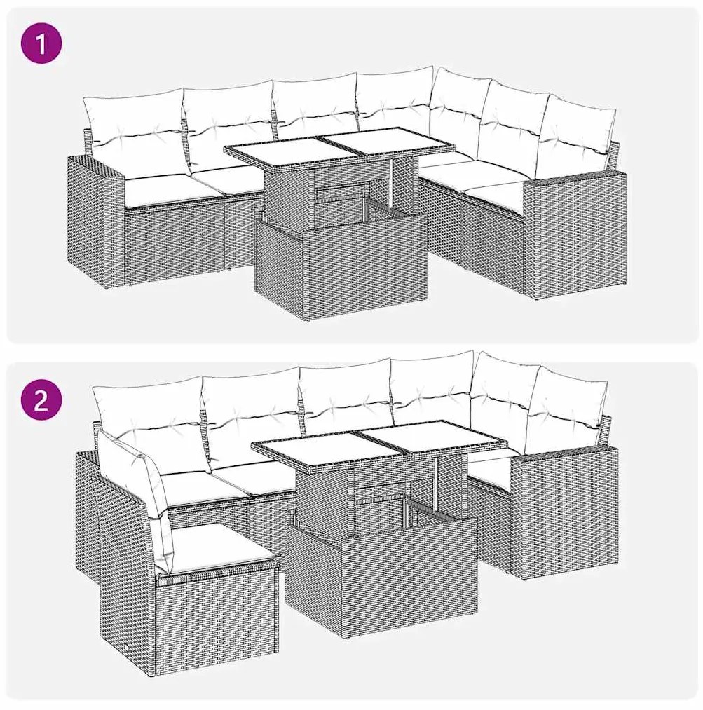 7 pcs conjunto de sofás p/ jardim c/ almofadões vime PE preto