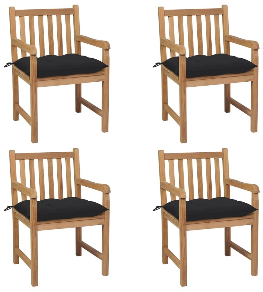 vidaXL Cadeiras de jardim c/ almofadões pretos 4 pcs teca maciça