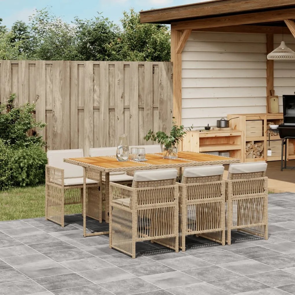 vidaXL 7 pcs conjunto de jantar p/ jardim com almofadões vime PE bege