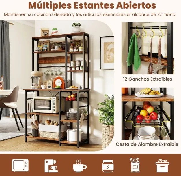 Estante de cozinha 99 × 40 × 170 cm com tomada elétrica com prateleiras abertas de madeira Ganchos e cesto Castanho rústico + preto
