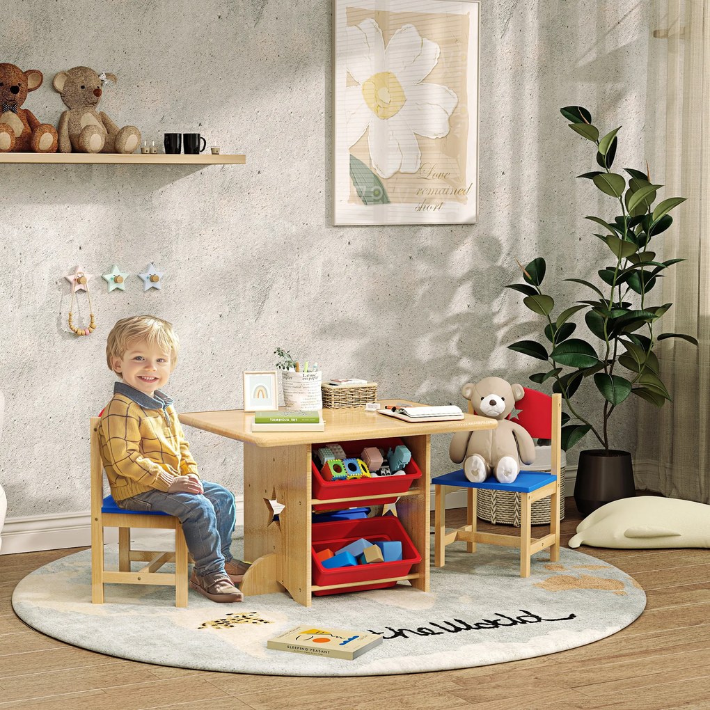 Mesa infantil com 2 cadeiras – conjunto de 3 peças em madeira com 4 caixas de arrumação em madeira natural