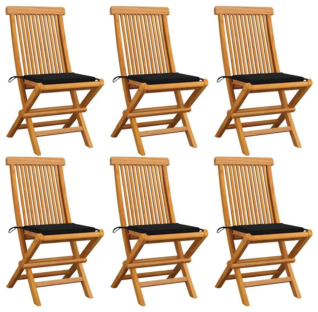 Cadeiras de jardim c/ almofadões pretos 6 pcs teca maciça